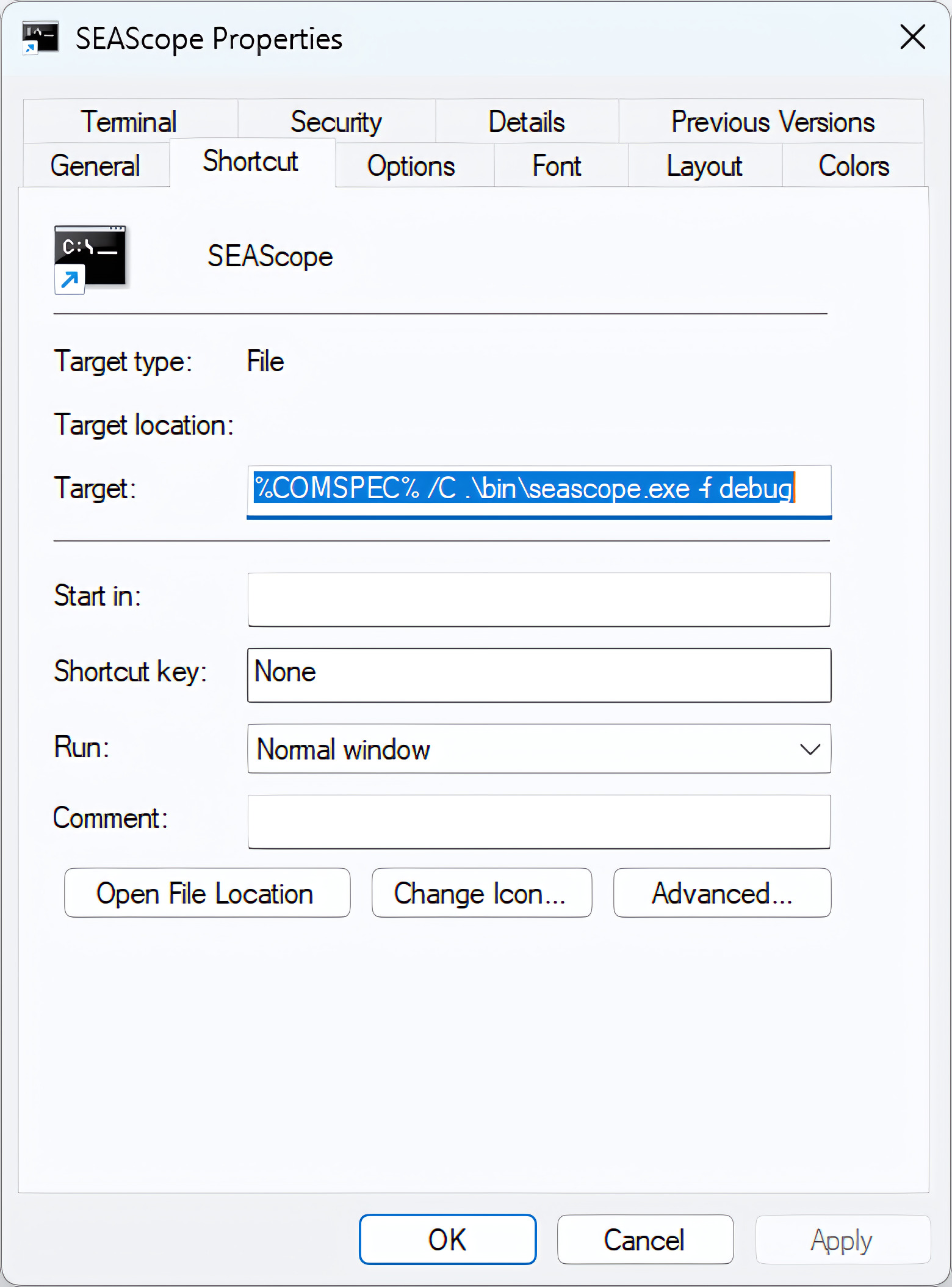 Properties panel of SEAScope shortcut on Windows